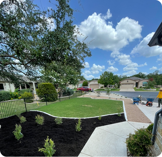 Beautifully maintained front yard with new mulch and dark green grass.