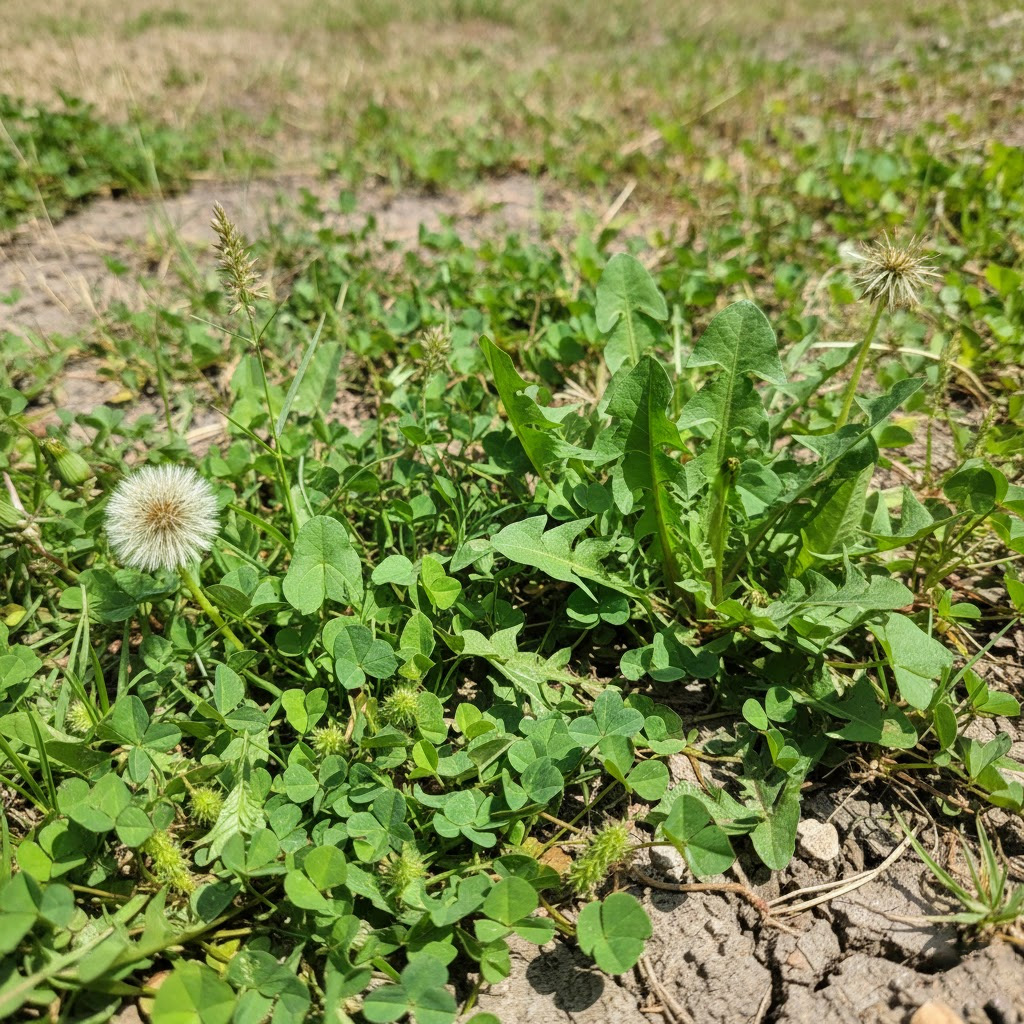 Close-up of weeds in a lawn.