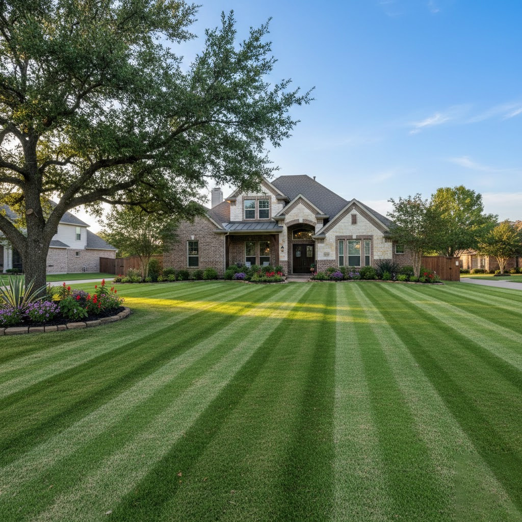 Beautifully maintained front yard with new mulch and dark green grass.