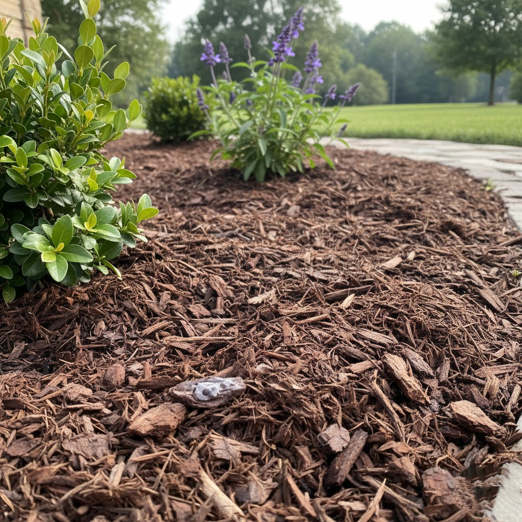 Fresh dark mulch applied around small shrubs.