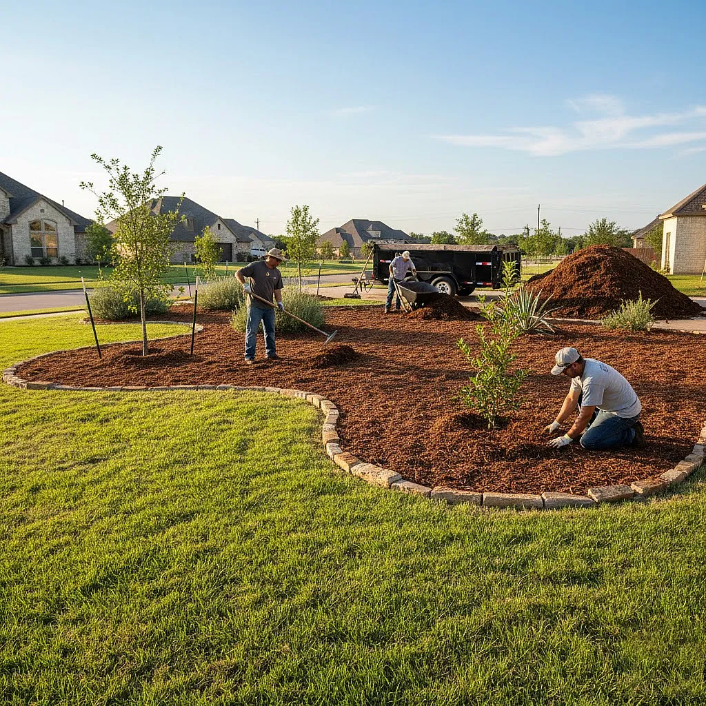 A freshly mulched landscape bed with vibrant, healthy plants in Jarrell, TX.