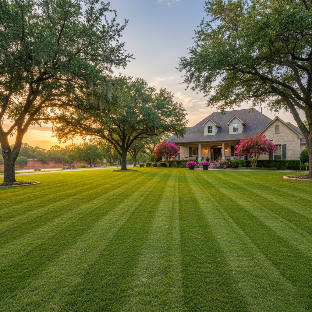Beautifully landscaped yard with new mulch and grass.