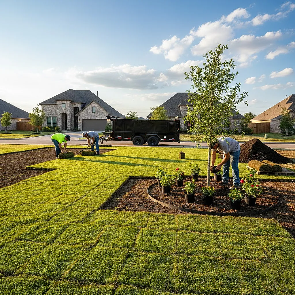 A freshly laid sod lawn with new small trees planted in the background in Austin, Texas.