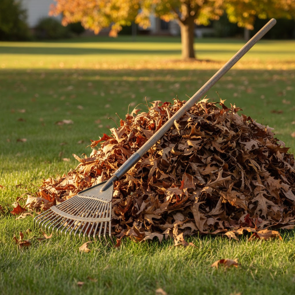 A rake rests against a pile of brown leaves in a yard.