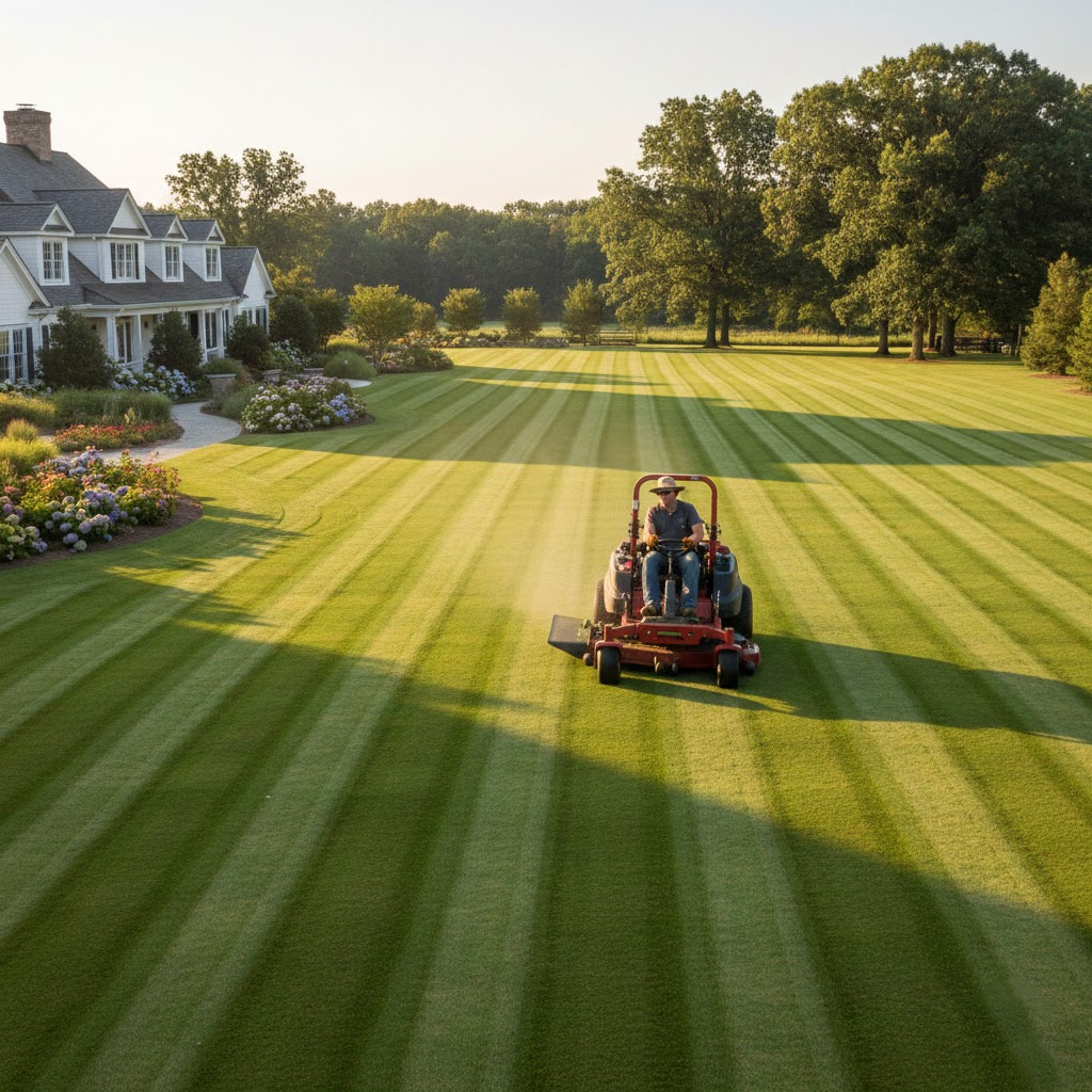 A perfectly striped lawn with a professional mower.